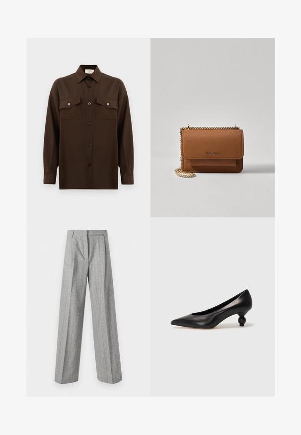 Mørkebrun langærmet skjorte med knaplukning, to brystlommer med klap og en klassisk krave, præsenteret mod en helt hvid baggrund.; Høj talje grå bukser med lodrette striber og brede lige ben, præsenteret mod en hvid baggrund.; Sort læder høje hæle med spids tå og rund, kugleformet hæl. Glat tekstur med et stilrent, minimalistisk design.; Brun tekstureret læder crossover-taske med guldkæde-rem og klaplukning. Forsiden har logo-detalje og en lomme under klappen.