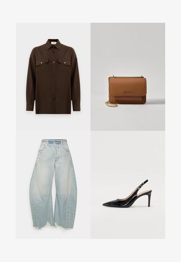 Tumma ruskea pitkähihainen napitettava paita, jossa on kaksi läpällistä rintataskua ja klassinen kaulus, esiteltynä yksinkertaista valkoista taustaa vasten.; Vaaleansiniset leveät farkut, joissa on haalistunut pesu, kuluneet yksityiskohdat ja purkautuva helma. Edessä taskut ja klassinen nappikiinnitys.; Musta lakattu nahkainen slingback-korkokenkä, jossa on terävä kärki, kapea korko ja hillitty leikkaussuunnittelu. Varressa on kultainen solki.; Ruskean teksturoidun nahkasta valmistettu crossbody-laukku, jossa on kultaketjuhihna ja läppäkiinnitys. Edessä on logodetail ja tasku läppäisen alla.