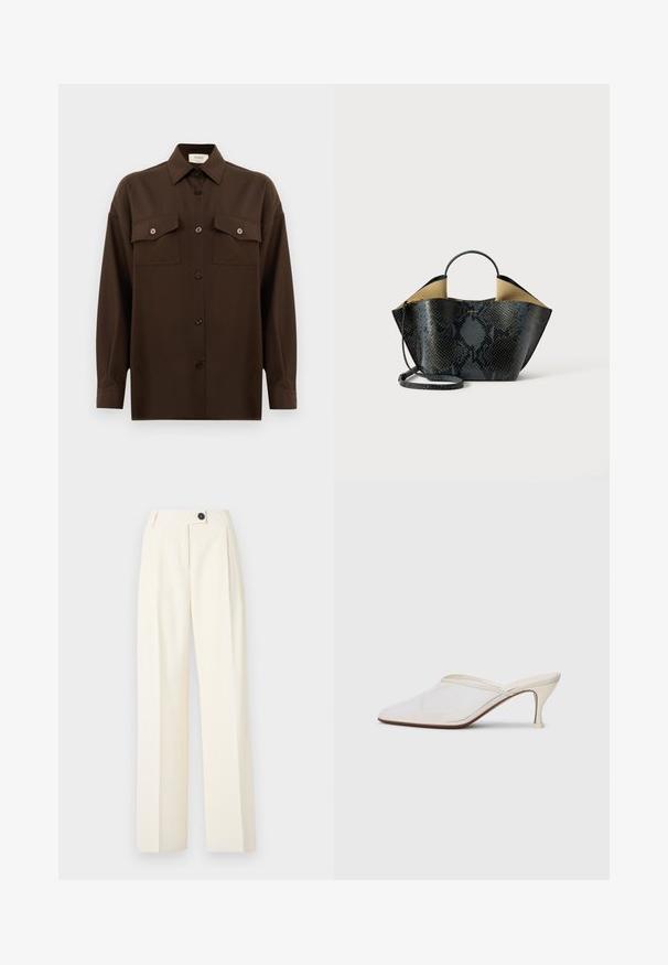 Tumma ruskea pitkähihainen napitettava paita, jossa on kaksi läpällistä rintataskua ja klassinen kaulus, esiteltynä yksinkertaista valkoista taustaa vasten.; Kermanlahuiset housut vaaleassa kankaassa, joissa on korkea vyötärö, etupliisit ja yksi musta nappi yksityiskohtana vyötärönauhassa.; Valkoinen verkkokangas teräväkärkinen mulu, jossa on ohut keskipituinen korko ja liukupohjainen muotoilu yksinkertaista taustaa vasten.; Käsilaukku med sort og grå slangeskinsmønster med en struktureret design, dobbelte håndtag og en justerbar skulderrem. Har en beige inderside.