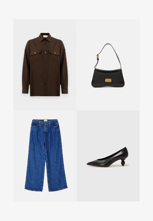 Tamsiai rudas ilgarankovis mygtukų marškiniai su dviem kišenėmis ant krūtinės ir klasikiniais apykakle, pristatomas prieš paprastą baltą foną.; Mėlyni plačių kojų džinsai, pagaminti iš džinsinio audinio, su elastingu juosmeniu ir raišteliu, dviem priekinėmis kišenėmis ir laisvu siluetu.; Juoda odinė aukštakulnė bateliai su smailiu pirštu ir apvaliu, iškiliu kulnu. Lygus paviršius su elegantišku, minimalistiniu dizainu.; Juodas odinis rankinė su kreiva forma, auksine logotipo plokšte ir plona petine dirželiu. Lygus paviršius su blizgiu apdailu.