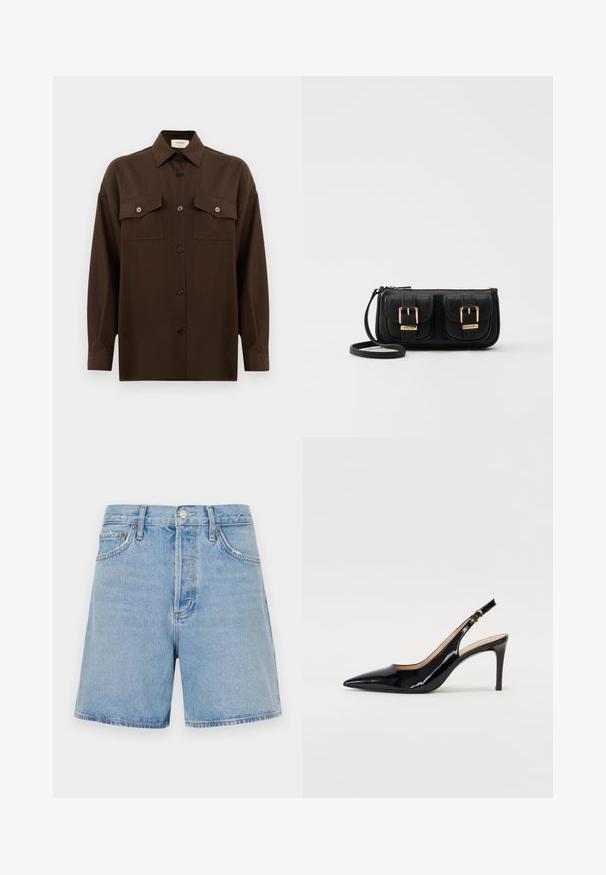 Camisa de manga larga de color marrón oscuro con botones, dos bolsillos en el pecho con solapa y un cuello clásico, exhibida contra un fondo blanco liso.; Pantalones cortos de mezclilla azul claro con corte recto, dos bolsillos frontales, cierre de botón y cremallera, y ligero desgastado en los bordes.; Zapatos de charol negro con tirante al tobillo, punta afilada, tacón delgado y un diseño de corte sutil. Presenta una hebilla dorada en la correa.; Bolso cruzado de cuero negro con dos bolsillos frontales, hebillas doradas, cierre de cremallera y una correa delgada. Superficie texturizada y forma rectangular compacta.
