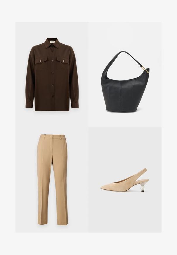 Mørkebrun langærmet skjorte med knaplukning, to brystlommer med klap og en klassisk krave, præsenteret mod en helt hvid baggrund.; Weekend Max Mara ESTASI - Bukser - beige; Beige ruskind slingback sko med spids tå og en gennemsigtig, rund hæl. Glat tekstur og minimalistisk design.; Sort læderhandtaske med en rund form, bred rem og textured finish. Har en subtil sømdetalje og en hardware i gyldent tone.