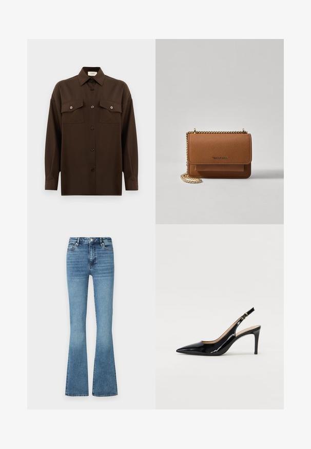 Dark brown long-sleeve button-up shirt with two flap chest pockets and a classic collar, displayed against a plain white background.; Flared denim jeans in light blue wash; features a high waist, stitched seams, and a slight fade at the bottom of the legs.; Black patent leather slingback pump with pointed toe, slim heel, and a subtle cutout design. Features a gold buckle on the strap.; Brown textured leather crossbody bag with gold chain strap and flap closure. Front features logo detail and a pocket under the flap.
