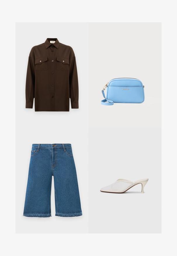 Tmavohnedá košeľa s dlhým rukávom, na gombíky, s dvoma vreckami na hrudi a klasickým golierom, umiestnená na jednoduchom bielom pozadí.; Modré denimové šortky do kolien s roztrhnutými okrajmi, predným gombíkom a vreckami na bielom pozadí.; Biele sieťované lodičky s špicatou špičkou, s úzkym stredne vysokým podpätkom a bez zapínania, na jednobodovom pozadí.; Svetlomodrá kožená crossbody taška so zlatými detailmi, zipsom a prednou vreckom. Obsahuje nastaviteľný popruh pre pohodlné nosenie.