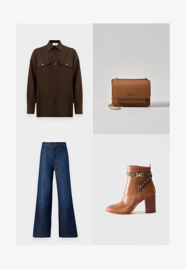 Dunkelbraunes Langarmhemd mit Knopfleiste, zwei Brusttaschen mit Klappe und klassischem Kragen, vor einem schlichten weißen Hintergrund präsentiert.; Weite Jeans aus dunkelblauem Denim. Sie verfügen über fünf Taschen, einen Frontknopfverschluss und sichtbare Nähte entlang des Bundes und Saums.; Braunes Leder-Stiefelette mit gestapeltem Blockabsatz, seitlichem Riemen mit goldenen Nieten und einer goldenen "MK"-Logo-Schnalle.; Braune strukturierte Ledertasche mit goldener Kettenriemen und Klappenverschluss. Die Vorderseite zeigt ein Logo-Detail und eine Tasche unter der Klappe.