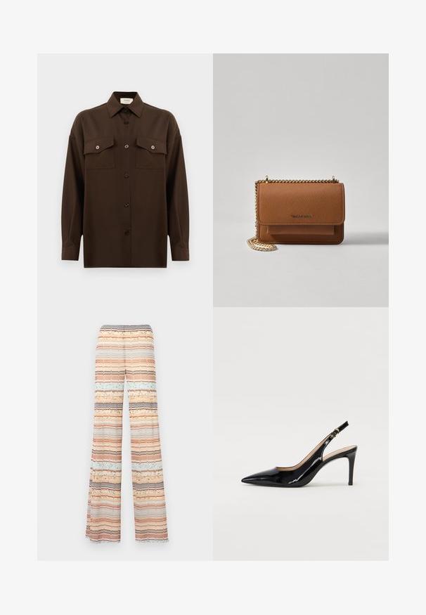 Ciemnobrązowa, długa koszula z guzikami, z dwiema kieszeniami na klatce piersiowej i klasycznym kołnierzykiem, zaprezentowana na jednolitym białym tle.; Spodnie z szerokimi nogawkami w wielokolorowy paskowy wzór. Materiał ma teksturowane paski w kolorach brzoskwiniowym, niebieskim, brązowym i kremowym. Elastyczna talia.; Czarne lakierowane szpilki typu slingback z szpiczastym noskiem, smukłym obcasem i subtelnym wycięciem. Posiadają złotą klamrę na pasku.; Brązowa skórzana torba na ramię z teksturą, z złotym łańcuszkiem i zapięciem na klapkę. Z przodu znajduje się detal z logo oraz kieszeń pod klapką.