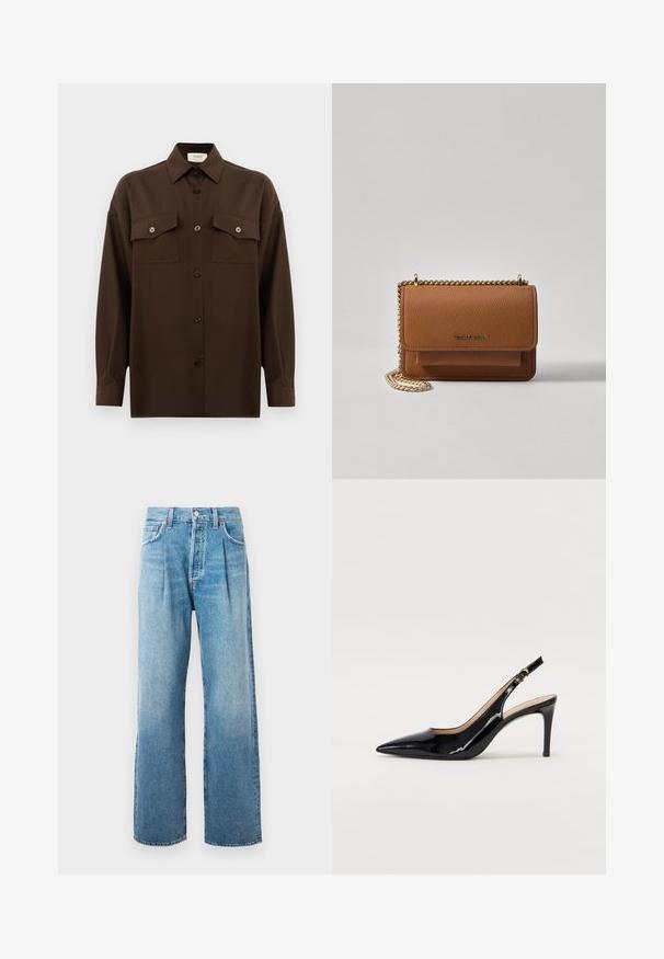 Temno rjav srajca z dolgimi rokavi na gumbe, z dvema žepoma na prsih in klasičnim ovratnikom, prikazana na enotni beli podlagi.; Svetlobežna visok pas preprosta ravna hlače z sprednjimi gubami, petimi žepi, gumbom za zapiranje in vidnim šivom na belem ozadju.; Črne lakirane slingback čevlje z izostrenim nosom, ozkim peto in subtilnim izrezom. Na traku je zlata sponka.; Rjava teksturirana usnjena torba čez ramo z zlatim verižnim trakom in zapiranjem na pokrov. Spredaj je vidna podrobnost logotipa in žep pod pokrovom.