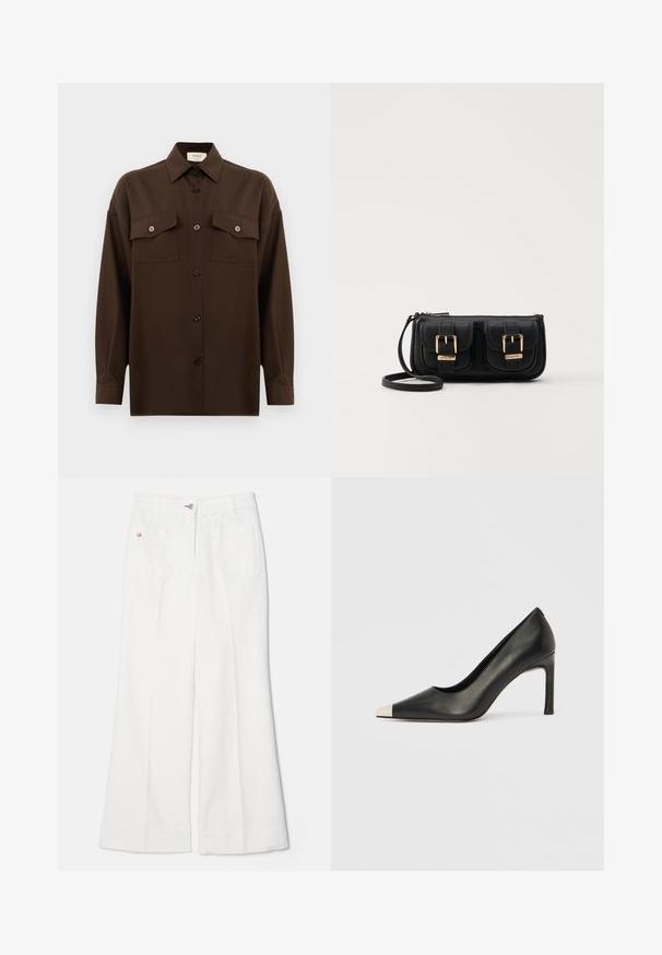 Camisa de botões de manga longa castanho-escuro, com dois bolsos de aba no peito e um colarinho clássico, apresentada contra um fundo branco liso.; Jeans flare brancos com uma cintura alta, apresentando dois bolsos traseiros e detalhe de logotipo bordado em vermelho no bolso direito, feitos de tecido de denim.; Sapato de salto alto em couro preto com bico apontado e biqueira metálica prateada. Apresenta um acabamento liso e um salto esguio de 10 cm.; Bolsa de ombro em couro preto com dois bolsos frontais, fivelas douradas, fecho de zíper e uma alça fina. Superfície texturizada e forma retangular compacta.