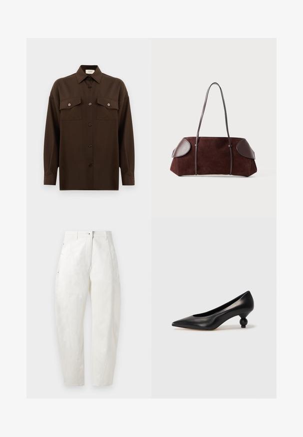 Camisa de manga larga de color marrón oscuro con botones, dos bolsillos en el pecho con solapa y un cuello clásico, exhibida contra un fondo blanco liso.; Pantalones de algodón blancos con un corte relajado, que cuentan con un cierre de botón, bolsillos laterales y detalles de costura sutiles a lo largo de las costuras.; Zapato de tacón alto de cuero negro con puntera afilada y un tacón redondeado y abombado. Textura suave con un diseño elegante y minimalista.; Bolsa de ante marrón con acentos de cuero, forma estructurada, doble strap para el hombro y bordes redondeados, con una textura suave y hardware minimal.