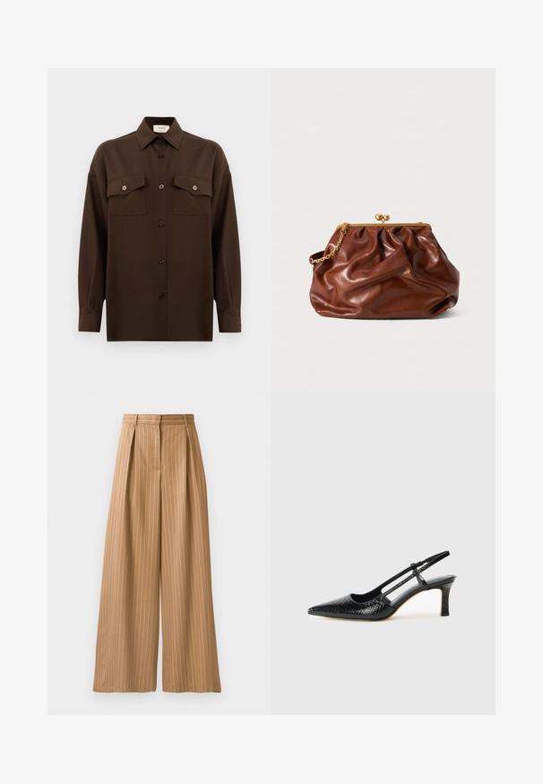 Tamno smeđa dugosleeve košulja s dugim rukavima i dugmadi, s dva džepa s preklopom na prsima i klasičnim ovratnikom, prikazana na jednostavnoj bijeloj pozadini.; Široke hlače od smešnog materijala s vertikalnim bijelim prugama. Imaju nabore na struku i glatku teksturu.; Crne lakirane slingback pete s oštrim vrhom, s teksturiranim uzorkom zmijske kože, podesivom remenom i kratkom, teksturiranom blok-petom.; Smeđa kožna torbica s zlatnim okvirom i kratkom zlatnom lancem, koja se odlikuje mekanom, naboranom teksturom na bijeloj pozadini.