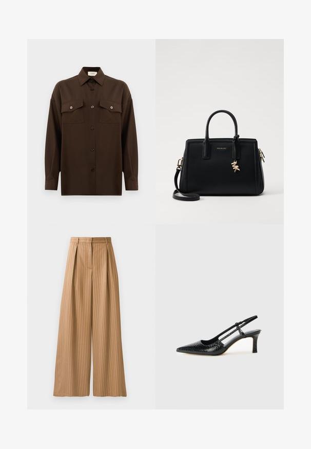 Tmavohnedá košeľa s dlhým rukávom, na gombíky, s dvoma vreckami na hrudi a klasickým golierom, umiestnená na jednoduchom bielom pozadí.; Biele nohavice s voľným strihom zo svetlohnedej látky s vertikálnymi bielymi pruhmi. Majú plisovanie v páse a hladkú textúru.; Čierne patentové slingback topánky na ihlovom podpätku s špicatou špičkou, s textúrovaným hadím vzorom, nastaviteľným popruhom a krátkym, textúrovaným blokovým podpätkom.; Čierna kožená kabelka so štruktúrovaným dizajnom, dvojitými hornými uchami, odnímateľným ramenným popruhom, zlatými kovovými detailmi a akcentom logového prívesku.