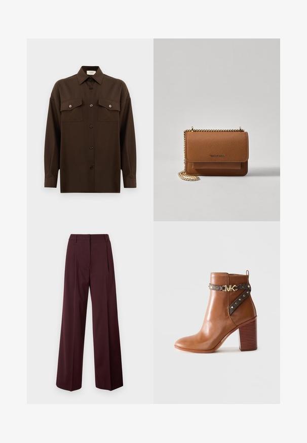 Dark brown long-sleeve button-up shirt with two flap chest pockets and a classic collar, displayed against a plain white background.; Wide-leg trousers in dark burgundy with a smooth fabric texture. Features a fitted waist, front pleats, and no visible hardware.; Brown leather ankle boot with stacked block heel, side strap featuring gold studs and a gold "MK" logo buckle.; Brown textured leather crossbody bag with gold chain strap and flap closure. Front features logo detail and a pocket under the flap.