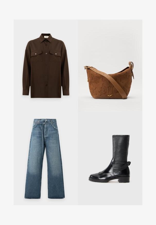 Tmavohnedá košeľa s dlhým rukávom, na gombíky, s dvoma vreckami na hrudi a klasickým golierom, umiestnená na jednoduchom bielom pozadí.; Široké modré džínsy s vyblednutým efektom, vyrobené z denimovej látky s viditeľným prešívaním a zapínaním na gombík v páse.; Čierne členkové topánky s hladkým koženým zvrškom, detaily v štýle brogue, okrúhle špičky a stredne vysoký blokový podpätok. Obsahujú mäkký, textúrovaný priehlavok.; Hnedá semišová kabelka na rameno s embosovaným kvetinovým vzorom, doplnená hladkým hnedým koženým popruhom a zlatými kovovými doplnkami.