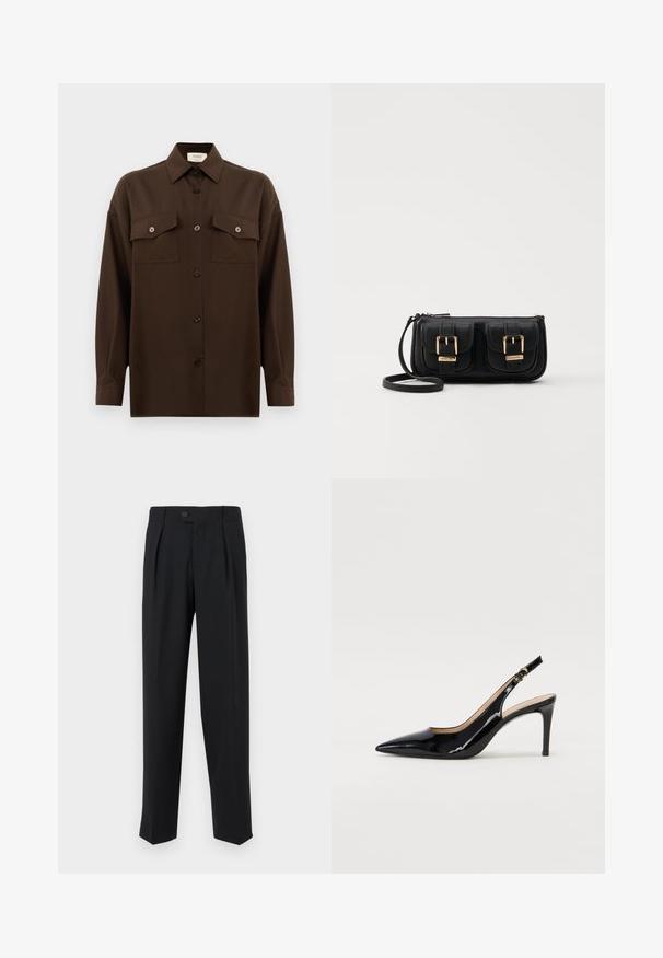 Dark brown long-sleeve button-up shirt with two flap chest pockets and a classic collar, displayed against a plain white background.; Black trousers made of smooth fabric, featuring front pleats, a single button closure, and straight legs. Minimalist design with no patterns.; Black patent leather slingback pump with pointed toe, slim heel, and a subtle cutout design. Features a gold buckle on the strap.; Black leather crossbody bag with two front pockets, gold buckles, zipper closure, and a slim strap. Textured surface and compact rectangular shape.