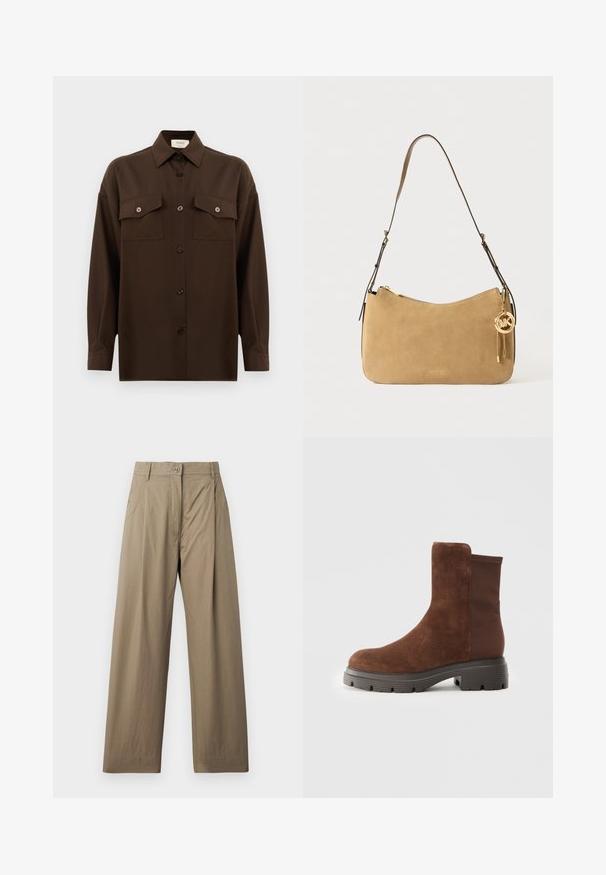 Cămașă lungă, cu mâneci lungi, de culoare maro închis, cu două buzunare frontale cu clapetă și guler clasic, expusă pe un fundal alb simplu.; Pantaloni largi bej dintr-un amestec de bumbac, cu închidere prin nasture, buzunare laterale și o textură netedă cu o strălucire subtilă.; Botine din suede maro, cu panouri elastice laterale, vârf rotunjit și o talpă groasă din cauciuc, având un model texturat de profil.; Geantă de umăr din suede bej cu formă curbată, accesorii din aur și închidere cu fermoar. Are un charms atașat cu inițialele "MK."