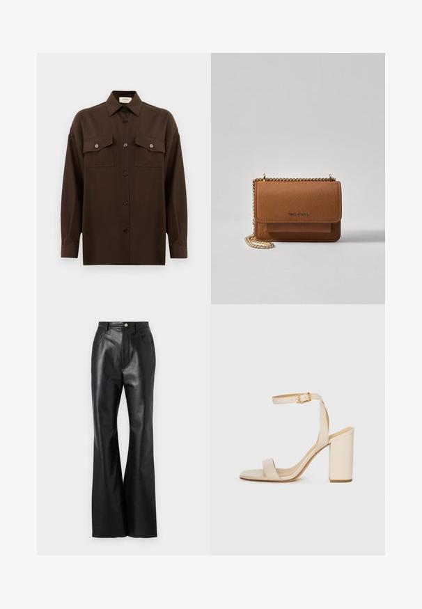 Tumepruun pikkade varrukatega nööbitav särk kahe klapp-taskuga rinnal ja klassikalise kraega, esitlemiseks lihtsa valge tausta ees.; Must rõngad nahkpüksid elegantse viimistlusega, ees taskud ja kontrastne õmblemine. Omab nööpklappi ja struktureeritud vöökohta.; Beez värvi kõrge kontsaga sandaal ruudukujulise varba, peene pahkluu rihma ja plokknupuga. Sile nahk текстuur kuldse pandlaga detailiga.; Pruun tekstureeritud nahk ristkeha kott kuldse ahelaga rihmaga ja klapiga sulgemine. Esiküljel on logo detail ja tasku klapi all.