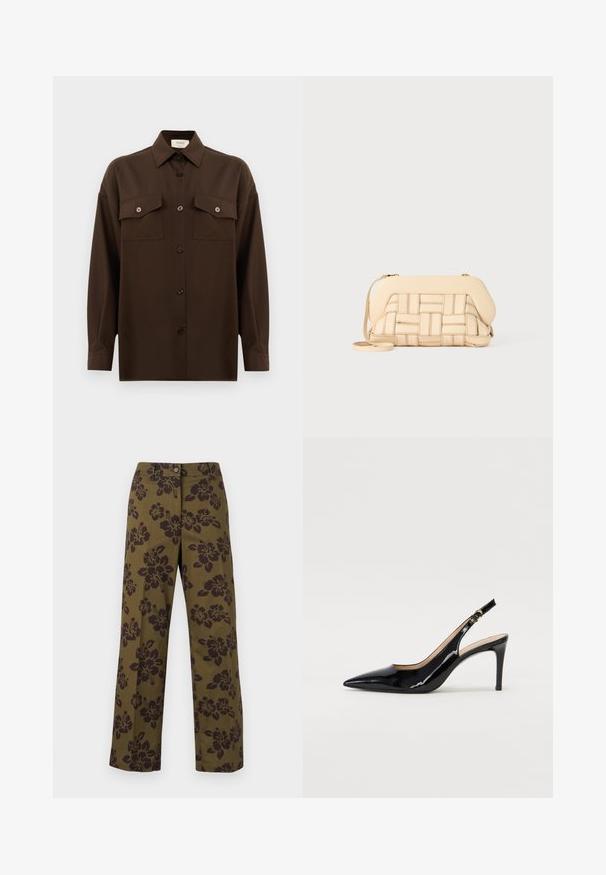 Dark brown long-sleeve button-up shirt with two flap chest pockets and a classic collar, displayed against a plain white background.; Olive green wide-leg trousers made of cotton, featuring a dark floral pattern, a button closure, and straight-cut hem.; Black patent leather slingback pump with pointed toe, slim heel, and a subtle cutout design. Features a gold buckle on the strap.; Woven beige handbag with a structured design, featuring a smooth top and a long strap. Textured detailing enhances the overall appearance.