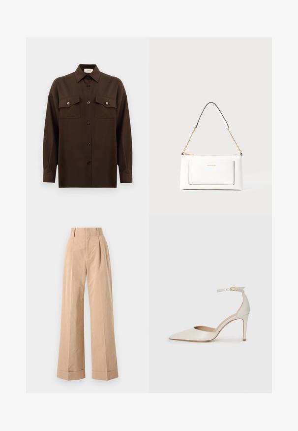 Dark brown long-sleeve button-up shirt with two flap chest pockets and a classic collar, displayed against a plain white background.; Beige wide-leg trousers with a high waist, featuring pleats and a smooth texture. The cuffs are folded, adding structured detail.; White leather high-heeled shoe with a pointed toe, ankle strap, and a slim stiletto heel. Smooth texture with subtle glossy finish.; White leather handbag with a textured finish, featuring a gold chain strap and black accents. Includes a front pocket and zipper closure.