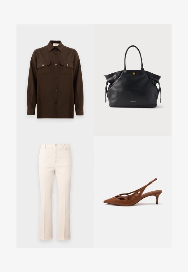 Dark brown long-sleeve button-up shirt with two flap chest pockets and a classic collar, displayed against a plain white background.; Flared beige jeans made of cotton, featuring a high waist, five pockets, a button closure, and subtle stitching details.; Brown leather slingback heel with a pointed toe, cut-out design, and stitched detailing. Features a slender heel and adjustable strap.; Black leather tote bag with a textured surface, gold hardware, and two rounded handles. Features a secure closure and minimal branding.