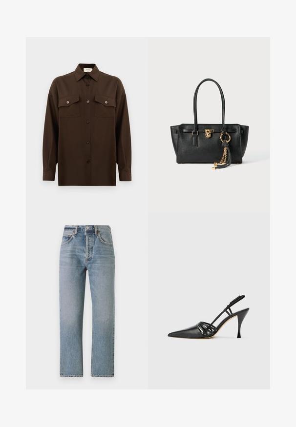 Sötétbarna, hosszú ujjú, gombos ing, két zsebével a mellén és klasszikus gallérral, egyszerű fehér háttér előtt bemutatva.; Világoskék farmernadrág egyenes fazonnal, magas derékkal és klasszikus öt zsebes dizájnnal. Finom fakulás és cipzáras záródás jellemzi.; Fekete bőr magassarkú slingback cipő, hegyes orral, keresztbe fonott pántos dizájnnal és vékony tűs sarkakkal. Sima felület és minimális díszítés.; Fekete bőr kézitáska dupla fogantyúkkal, aranyzárral és lánc részletekkel, fekete-fehér bojt kiegészítővel, fehér háttéren.