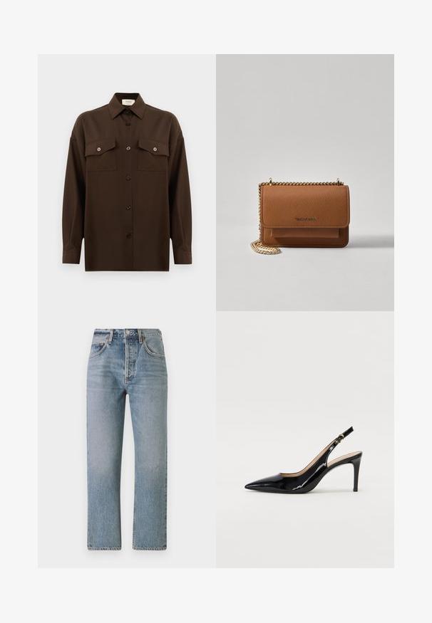 Tamno smeđa dugosleeve košulja s dugim rukavima i dugmadi, s dva džepa s preklopom na prsima i klasičnim ovratnikom, prikazana na jednostavnoj bijeloj pozadini.; Svijetloplave traperice s ravnim krojem, visokim strukom i klasičnim dizajnom s pet džepova. Imaju suptilno izbjeljivanje i patentni zatvarač.; Crne lakirane slingback cipele s oštrim vrhom, uskim potpeticama i suptilnim izrezom. Sadrže zlatnu kopču na traku.; Smeđa kožna torba preko tijela s teksturom, zlatnim lančićem i preklopom na zatvaranju. Na prednjoj strani nalazi se detalj s potpisom i džep ispod preklopa.