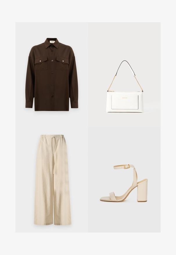 Tmavohnedá košeľa s dlhým rukávom, na gombíky, s dvoma vreckami na hrudi a klasickým golierom, umiestnená na jednoduchom bielom pozadí.; Svetlobéžové nohavice s širokými nohavicami z mäkkej tkaniny, s vertikálnymi prúžkami a elastickým pásom s detailom šnúrky na stiahnutie.; Béžové sandále na vysokom opätku so štvorcovou špičkou, tenkým remienkom na členku a blokovým opätkom. Hladká kožená textúra s detailom zlatého spony.; Biele kožené kabelka s textúrovaným povrchom, ktorá má zlatý retiazkový popruh a čierne akcenty. Obsahuje prednú kapsu a zipsové zapínanie.