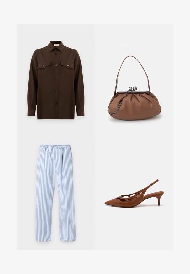 Temno rjav srajca z dolgimi rokavi na gumbe, z dvema žepoma na prsih in klasičnim ovratnikom, prikazana na enotni beli podlagi.; Svetlo modri in beli prugasti pižama hlače z vrvico v pasu, ki imajo sproščen kroj in zavite robove. Narejene so iz mehkega lahkega materiala.; Rjava usnjena sandala s peto, z ostrim nosom, izrezljanim dizajnom in šivanjem. Ima vitko peto in prilagodljiv trak.; Rjava usnjena torbica z gubanjem, kratkim usnjenim ročajem in verižnim trakom. Ima srebrno kovinsko zaponko z dvema okroglima okrasoma.
