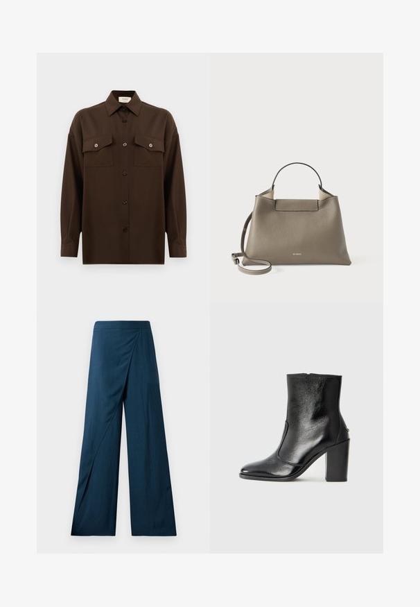 Ciemnobrązowa, długa koszula z guzikami, z dwiema kieszeniami na klatce piersiowej i klasycznym kołnierzykiem, zaprezentowana na jednolitym białym tle.; Szerokie spodnie w ciemnoniebieskim kolorze, z zapinanym fasonem i gładkim, teksturowanym materiałem. Nogawki są nieco rozszerzane, co nadaje płynny kształt.; Czarne skórzane botki za kostkę o gładkiej fakturze, spiczastym nosku i grubym wysokim obcasie. Posiadają boczne wycięcie i minimalistyczny design.; Teksturowana szara skórzana torba na ramię z uchwytem górnym i regulowanym paskiem, charakteryzująca się minimalistycznym designem i subtelnym logo wytłoczonym z przodu.