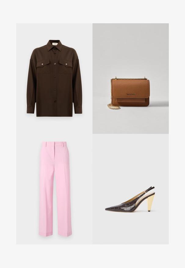 Tamno smeđa dugosleeve košulja s dugim rukavima i dugmadi, s dva džepa s preklopom na prsima i klasičnim ovratnikom, prikazana na jednostavnoj bijeloj pozadini.; Svijetloružičaste hlače širokih nogavica, glatke teksture, sa standardnim pojasom i oštrim nabranim detaljima sprijeda za dodatnu strukturu.; Cipele s potpeticom i otvorenim stražnjim dijelom, u tamnosmeđoj sjajnoj umjetnoj koži krokodila. Sadrže zlatnu geometrijsku potpeticu i prilagodljivu naramenicu.; Smeđa kožna torba preko tijela s teksturom, zlatnim lančićem i preklopom na zatvaranju. Na prednjoj strani nalazi se detalj s potpisom i džep ispod preklopa.