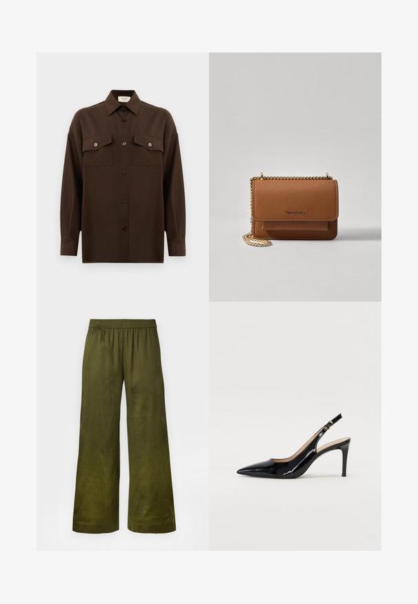 Camicia marrone scuro a maniche lunghe con bottoni, dotata di due tasche a pattina sul petto e colletto classico, mostrata su uno sfondo bianco uniforme.; Pantaloni a gamba larga realizzati in tessuto verde oliva con vita elastica e una texture liscia. Nessun motivo o dettaglio visibile.; Pumps slingback in pelle verniciata nera con punta affilata, tacco sottile e un design con ritagli delicati. Caratterizzate da una fibbia dorata sul cinturino.; Borsa a tracolla in pelle marrone con texture, dotata di catena dorata e chiusura a pattina. Sul davanti presenta un dettaglio con logo e una tasca sotto la pattina.
