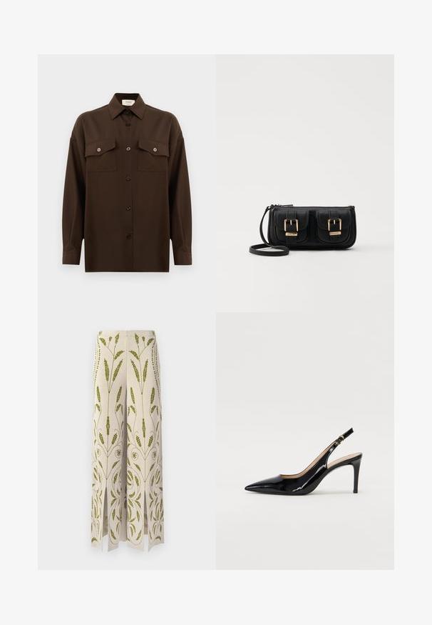 Dark brown long-sleeve button-up shirt with two flap chest pockets and a classic collar, displayed against a plain white background.; Wide-leg pants in cream fabric with green floral embroidery. Features slits at the hem and intricate botanical patterns.; Black patent leather slingback pump with pointed toe, slim heel, and a subtle cutout design. Features a gold buckle on the strap.; Black leather crossbody bag with two front pockets, gold buckles, zipper closure, and a slim strap. Textured surface and compact rectangular shape.