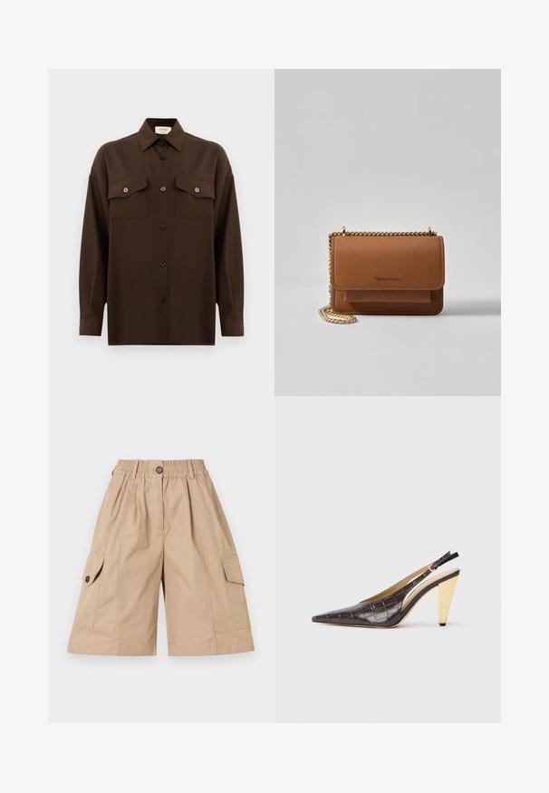 Temno rjav srajca z dolgimi rokavi na gumbe, z dvema žepoma na prsih in klasičnim ovratnikom, prikazana na enotni beli podlagi.; Bež kratke hlače s elastiko na pasu, z gumbom za zapiranje, dvema stranskima žepoma in dvema žepoma za tovor, ki imata pokrov in gumbnice.; Slingback peto s koničastim nosom, v temno rjavi sijoči umetni krokodilji usnjeni različici. Ima zlate geometrijske pete in nastavljiv ankel trak.; Rjava teksturirana usnjena torba čez ramo z zlatim verižnim trakom in zapiranjem na pokrov. Spredaj je vidna podrobnost logotipa in žep pod pokrovom.