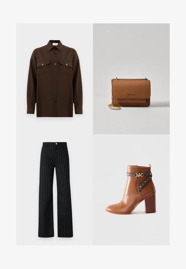 Camisa de manga larga de color marrón oscuro con botones, dos bolsillos en el pecho con solapa y un cuello clásico, exhibida contra un fondo blanco liso.; Pantalones de pierna ancha negros con rayas verticales azules, que presentan un diseño clásico de cinco bolsillos y un cierre frontal de botón.; Botín de piel marrón con tacón de bloque apilado, correa lateral con remaches dorados y un hebilla con el logo "MK" en dorado.; Bolso crossbody de cuero texturizado marrón con correa de cadena dorada y cierre de solapa. La parte frontal presenta un detalle de logo y un bolsillo debajo de la solapa.