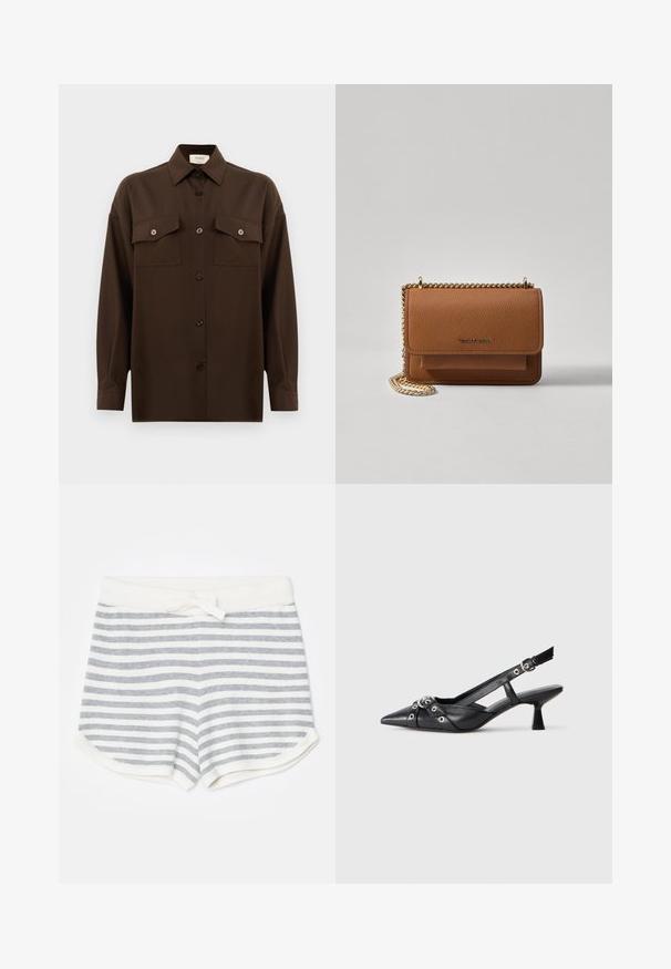 Dunkelbraunes Langarmhemd mit Knopfleiste, zwei Brusttaschen mit Klappe und klassischem Kragen, vor einem schlichten weißen Hintergrund präsentiert.; KNITID STRIPE - Shorts - gray; Schwarzer Leder-Slingback-Schuh mit spitz zulaufender Zehenpartie, dekorativen Riemen mit METALLÖSEN und niedrigem Blockabsatz. Strukturelle Oberfläche.; Braune strukturierte Ledertasche mit goldener Kettenriemen und Klappenverschluss. Die Vorderseite zeigt ein Logo-Detail und eine Tasche unter der Klappe.