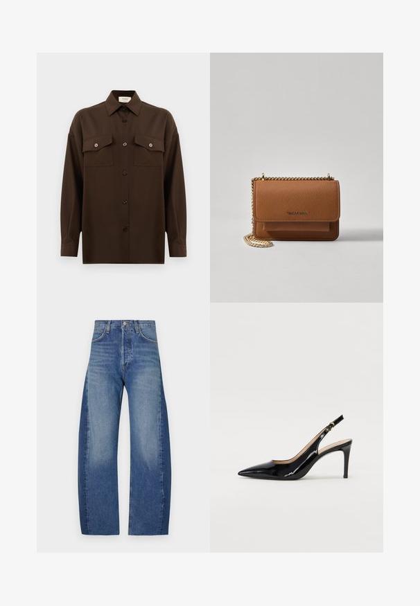 Camisa de botões de manga longa castanho-escuro, com dois bolsos de aba no peito e um colarinho clássico, apresentada contra um fundo branco liso.; Calças de ganga em um gradiente de azul claro a escuro, com um corte largo e relaxado, design de cinco bolsos e detalhes de costura visíveis.; Sandal com salto em verniz preto, bico fino, salto esguio e um design de recorte subtil. Apresenta uma fivela dourada na alça.; Bolsa crossbody de couro texturizado castanho com alça de corrente dourada e fecho com aba. A parte da frente apresenta detalhe do logótipo e um bolso sob a aba.