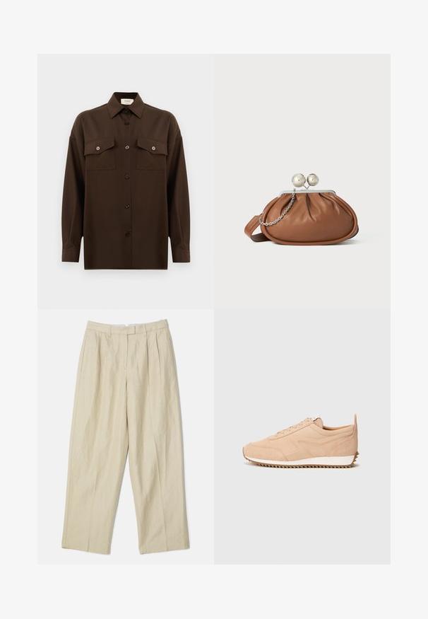 Chemise à manches longues brun foncé avec boutons, dotée de deux poches poitrine à rabat et d'un col classique, présentée sur un fond blanc uni.; Pantalons en lin beige avec un design à jambes larges, dotés de plis avant, de poches latérales et d'une texture lisse. Coupe classique et style polyvalent.; Baskets en suède beige clair avec une finition texturée, dotées d'une semelle blanche et d'un profil en zigzag. Conception à lacets sans branding visible.; Pochette en cuir marron avec un fermoir à boule en argent et un petit détail en chaîne argentée sur fond blanc.