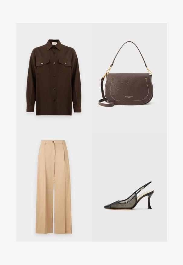 Camicia marrone scuro a maniche lunghe con bottoni, dotata di due tasche a pattina sul petto e colletto classico, mostrata su uno sfondo bianco uniforme.; Pantaloni beige a gamba larga realizzati in un tessuto liscio, con chiusura frontale a bottone, pieghe e un design sartoriale.; Scarpa con tacco alto nera a slingback con punta appuntita, dettagli in rete e una finitura in pelle liscia. I colori includono nero e accenti beige.; Borsa a mano in pelle marrone con finitura testurizzata, forma curva, dettagli di cucitura bianca e hardware dorato. Include una tracolla regolabile.