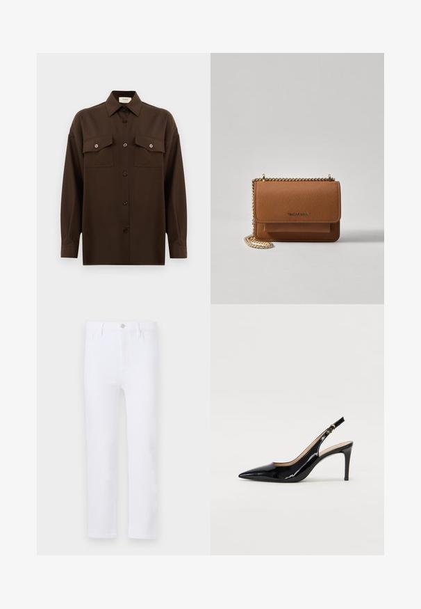 Dark brown long-sleeve button-up shirt with two flap chest pockets and a classic collar, displayed against a plain white background.; White denim jeans with a straight cut, featuring belt loops, front pockets, and a zip fly. Smooth texture and uniform color throughout.; Black patent leather slingback pump with pointed toe, slim heel, and a subtle cutout design. Features a gold buckle on the strap.; Brown textured leather crossbody bag with gold chain strap and flap closure. Front features logo detail and a pocket under the flap.