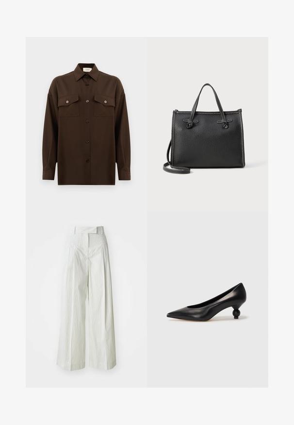 Sötétbarna, hosszú ujjú, gombos ing, két zsebével a mellén és klasszikus gallérral, egyszerű fehér háttér előtt bemutatva.; Világoszöld, széles lábú nadrág függőleges fehér csíkokkal. Magas derekú, övhurkokkal rendelkezik, és sima pamut textúrájú.; Fekete bőr magassarkú cipő, hegyes orral és kerek, gömbölyű sarokkal. Simább textúrával, elegáns, minimalista dizájnnal.; Fekete bőr kézitáska texturált felülettel, téglalap alakú, két felső fogantyúval és levehető vállpánttal. Kontrasztos varrás részletek.