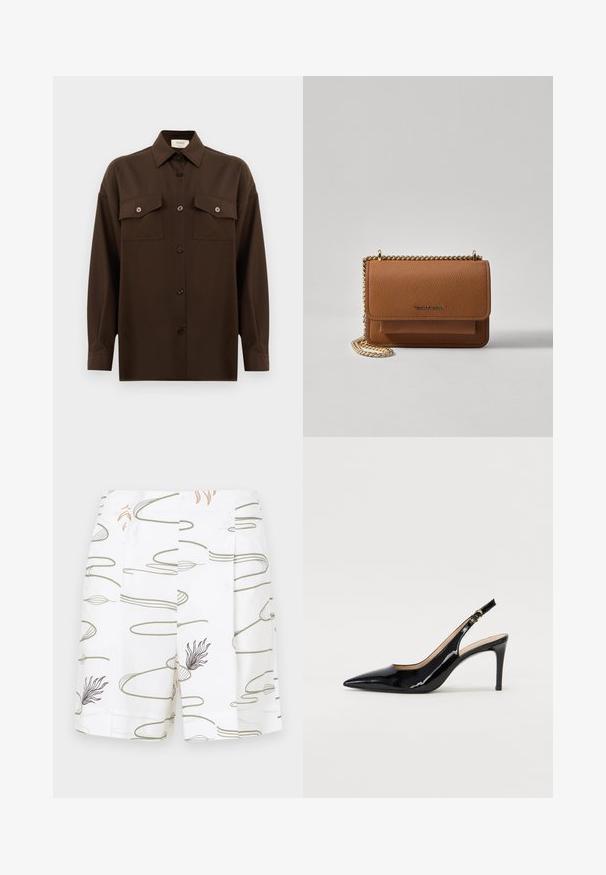 Sötétbarna, hosszú ujjú, gombos ing, két zsebével a mellén és klasszikus gallérral, egyszerű fehér háttér előtt bemutatva.; Fehér rövidnadrág, hullámos, absztrakt zöld és barna vonalmintával, plisszírozott részletekkel és sima textúrával.; Fekete lakk bőr kötött magassarkú cipő, hegyes orral és karcsú sarokkal, finom kivágásos dizájnnal. Az övön arany csatt található.; Barna textúrájú bőr keresztbody táska arany lánc pánttal és fedélzárral. Az elején logó részlet és egy zseb található a fedél alatt.