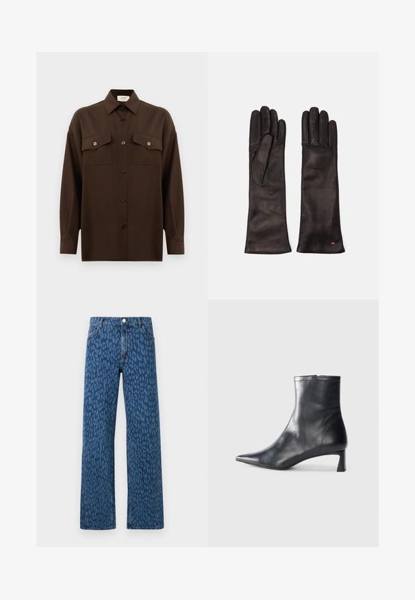 Tamsiai rudas ilgarankovis mygtukų marškiniai su dviem kišenėmis ant krūtinės ir klasikiniais apykakle, pristatomas prieš paprastą baltą foną.; Platus džinsai tamsiai mėlynos spalvos džinsinio audinio, su leopardų rašto ornamentu, priekinėmis kišenėmis ir klasikiniais mygtukais.; Juodas odinis kulkšninis batas su smailiu pirštu ir elegantišku dizainu. Turi žemą kulną ir užtrauktuką gale. Lygi tekstūra.; Weekend Max Mara SENAPE - Pirštinės - nero