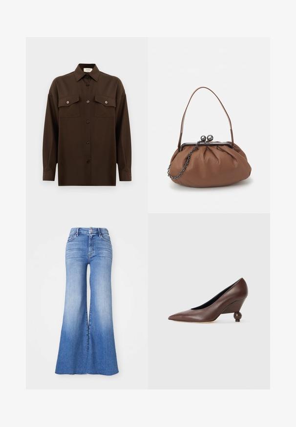 Tumši brūns garām piedurknēm pogājams krekls ar diviem kabatām uz krūtīm un klasisku apkakli, attēlots uz vienkārša baltā fona.; Gaiši zilas flared džinsu bikses ar augstu jostasvietu, izteiksmīgām platām kājām un nelielu izbalēšanu uz apakšmalas. Pogas un rāvējslēdzēja aizdare.; Brūni ādas klondīku zābaki ar smailu purngalu un noapaļotu, bumbu formas papēdi. Gluda tekstūra ar vienkāršu dizainu un minimāliem akcentiem.; Brūns ādas rokassomu ar salocītu dizainu, īsu ādas rokturi un ķēdes siksnu. Tam ir sudraba metāla sprādze ar diviem apaļiem akcentiem.