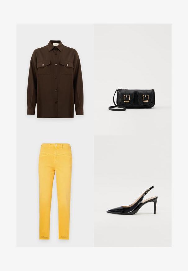 Cămașă lungă, cu mâneci lungi, de culoare maro închis, cu două buzunare frontale cu clapetă și guler clasic, expusă pe un fundal alb simplu.; Jeans din denim galben cu un design ajustat, cinci buzunare și închidere cu nasture. Textură netedă cu accente de cusătură de-a lungul cusăturilor.; Pantofi slingback din piele patent neagră, cu vârful ascuțit, tocul subțire și un design discret cu decupaj. Se evidențiază printr-un cataramă aurie pe curea.; Geantă neagră din piele, tip crossbody, cu două buzunare frontale, catarame aurii, închidere cu fermoar și o curea subțire. Suprafață texturată și formă rectangulară compactă.