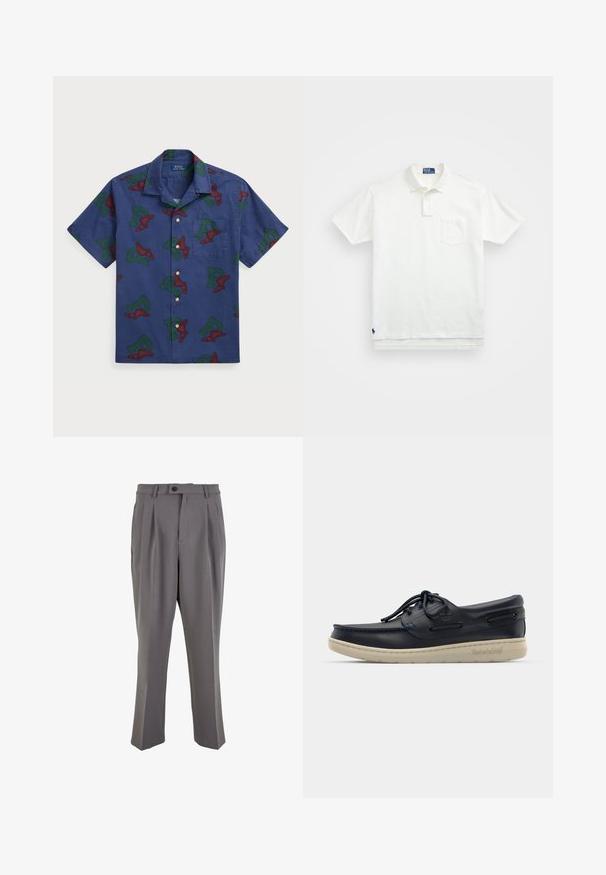 Košeľa s krátkymi rukávmi a gombíkmi v námorníckej modrej farbe z bavlny, s opakujúcou sa grafikou krídlatého "P" v červenej a zelenej farbe a náprsním vreckom.; Biela polo tričko vyrobené z bavlny, s klasickým golierom, trojbuttonovou légou a vreckom na ľavej hrudi; malé logo na spodnom leme.; Šedé skladané nohavice vyrobené z hladkej látky, s rovnými nohavicami, jedným gombíkom na zapínanie a pútkami na opasok. Minimalistický dizajn.; Námornícky kožený lodičkový topánok s nízkym profilom, bielou gumovou podrážkou, okrúhlymi šnúrkami a dekoratívnym bočným prešívaním; obsahuje kovové očká a logo.