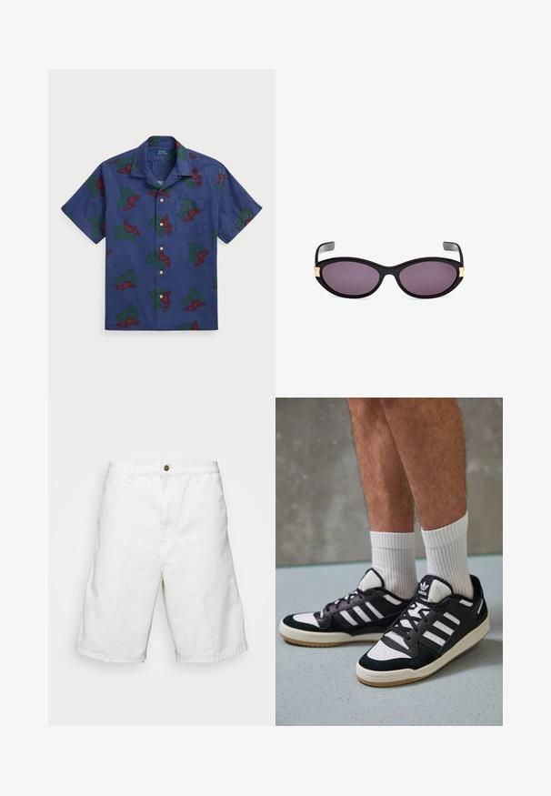Kortærmet skjorte med knapper i marineblåt bomuld, der har et gentaget rødt og grønt vinget "P"-grafik og en brystlomme.; Hvide bomuldsshorts med lige snit, der har knaplukning og bæltestropper, glat tekstur og knælangt design.; Sorte og hvide sneakers med en overdel i ruskind og læder, der har tre hvide striber, en perforeret tå og en sål i gummigummi.; Sorte cat-eye solbriller med lilla linser. Har guld accenter ved tindingerne. Glat plastikramme med en glansfuld finish.