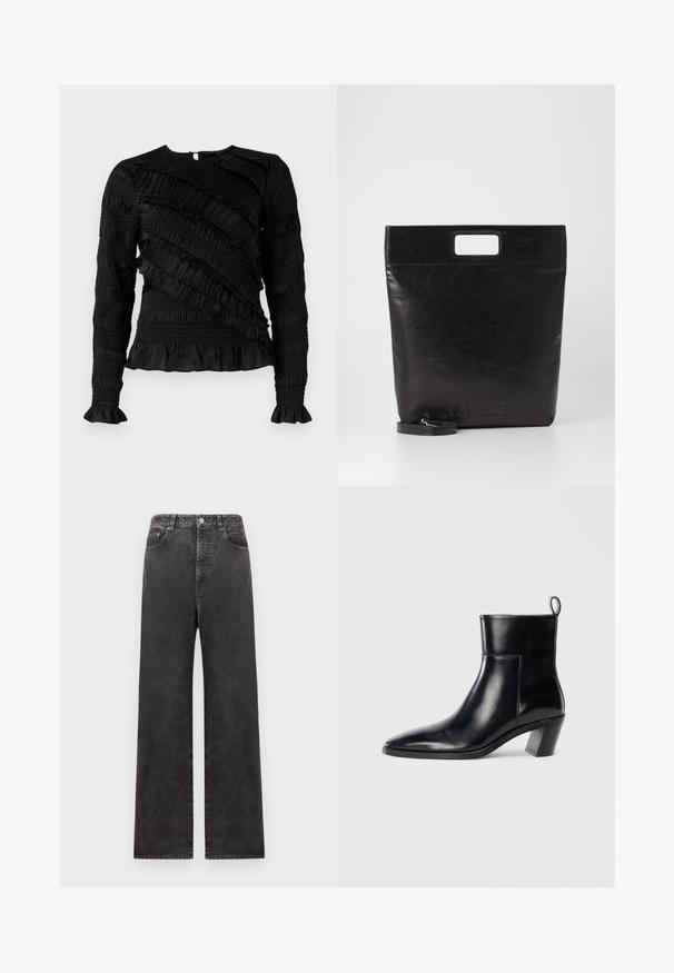 Top nero a maniche lunghe con ruffles testurizzati di larghezze variabili, con scollatura rotonda e maniche a campana. Chiusura con zip sul retro.; Pantaloni in denim nero a gamba larga con vita alta, dotati di tasche frontali, chiusura con bottoni e una texture leggermente sbiadita.; Stivale alla caviglia in pelle nera con punta affusolata, tacco geometrico impilato e nastro di presa sul retro. Texture liscia e design elegante.; Borsa tote in pelle nera con manico quadrato, caratterizzata da una finitura testurizzata e logo impresso. Include una tracolla rimovibile.