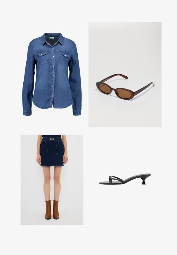 Denim-paita keskisinisessä värissä, jossa on pitkät hihat, nappikiinnitys edessä, terävä kaulus ja kaksi rintataskua. Pehmeä tekstuuri ja normaali leikkaus.; Sateen mini hame, jossa on tiukka vyötärö, kultainen solkivyödetalji ja tumma sininen väri. Ominaisuuksiin kuuluu kaksinkertaiset etutaskut ja erottuva ompelu.; Mustat korkokengät, joissa on tyylikäs muotoilu, ohuet remmit ja ainutlaatuinen kolmiomainen korko. Pinta on sileä ja ulkoasu minimaalinen.; Pyöreät, ruskehtavat aurinkolasit, joissa on kiiltävä burgundinpunainen runko. Kapeat sivut, joissa on hienovarainen brändäys. Litteät linssit.