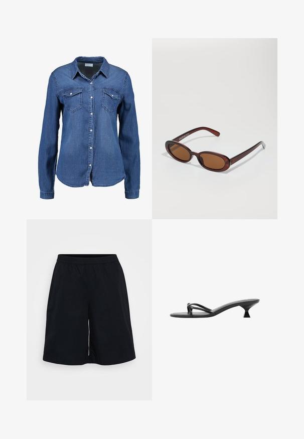 Denim shirt in middellange blauwe kleur met lange mouwen, knoopsluiting aan de voorkant, puntige kraag en twee borstzakken. Zachte textuur met een standaard snit.; Zwarte sportshorts met een elastische tailleband, een losse pasvorm en een gladde textuur. Het ontwerp is eenvoudig, zonder patronen of accenten.; Zwarte hoge hakken sandalen met een elegant ontwerp, dunne bandjes en een unieke driehoekige hak. Glad textuur met een minimalistische uitstraling.; Ronde, bruin getinte zonnebril met een glanzend bordeauxrood frame. Slanke pootjes met subtiele merkdetails. Vlakke lensontwerp.
