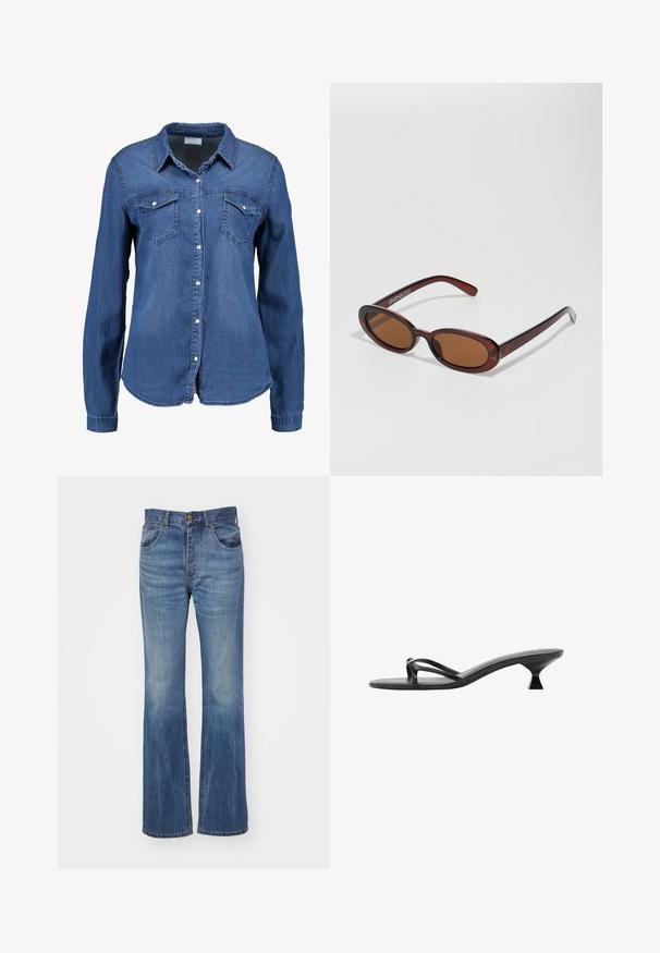 Denim košulja u srednje plavoj boji s dugim rukavima, dugmadi sprijeda, oštrom kragnom i dva džepa na prsima. Mekana tekstura s standardnim krojem.; Plave traperice s rasponom nogavica, srednjeg pranja, s visokim strukom, petljama za remen i prednjim džepovima. Glatka tekstura s minimalnim oštećenjima.; Crne sandale s petom koje se odlikuju elegantnim dizajnom, tankim trakama i jedinstvenom trokutastom petom. Glatka tekstura s minimalističkim izgledom.; Okvir okruglih, smeđkastih sunčanih naočala s sjajnim burgundskim okvirom. Uski nositelji s suptilnim brendiranjem. Ravna leća.