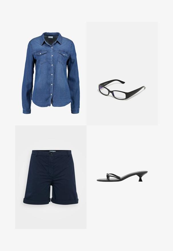 Denim košulja u srednje plavoj boji s dugim rukavima, dugmadi sprijeda, oštrom kragnom i dva džepa na prsima. Mekana tekstura s standardnim krojem.; Tamno plave kratke hlače od pamuka, s prevrnutim rubom, kopčanjem na dugme i ravnim prednjim dizajnom bez vidljivih uzoraka ili naglasaka.; Crne sandale s petom koje se odlikuju elegantnim dizajnom, tankim trakama i jedinstvenom trokutastom petom. Glatka tekstura s minimalističkim izgledom.; Crne pravokutne naočale s prozirnim lećama. Sjajni finiš, uske krakove i ljubičastu nijansu vidljivu na rubovima leća.